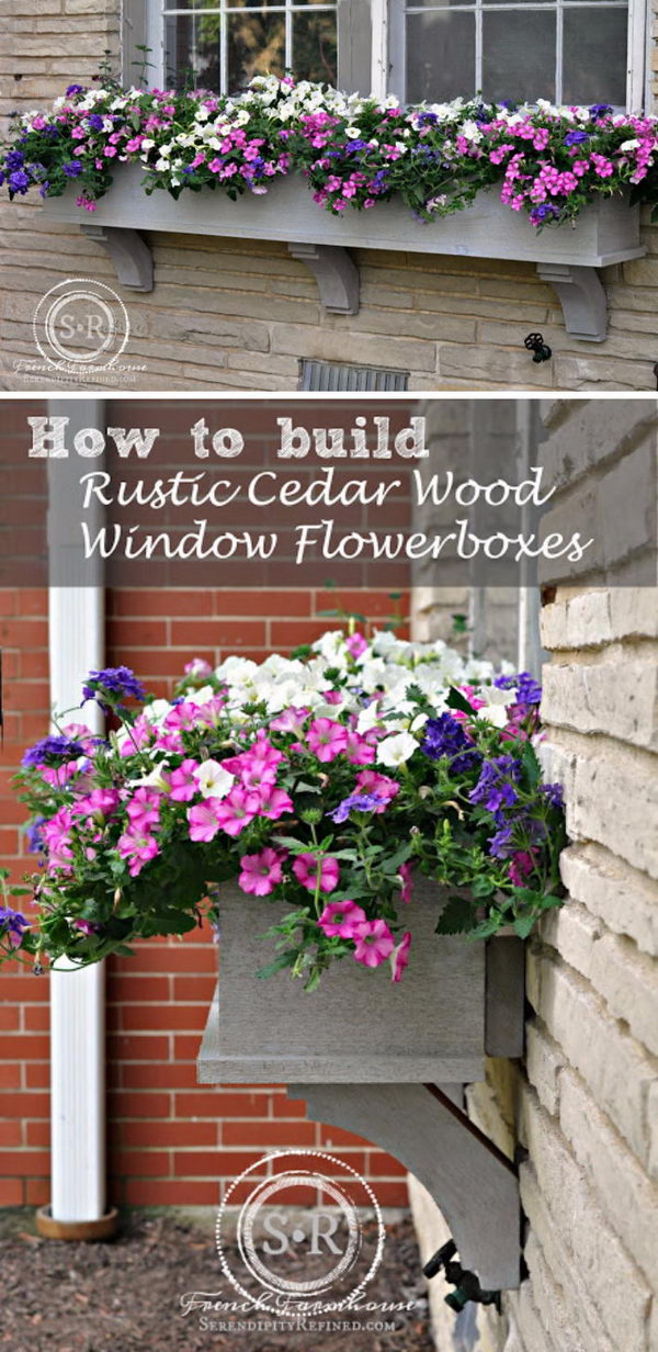 DIY rustic cedar window planter with consoles. 