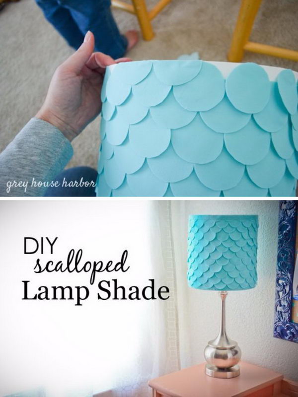 DIY fish scale lampshade with circles of felt and sticky glue. 