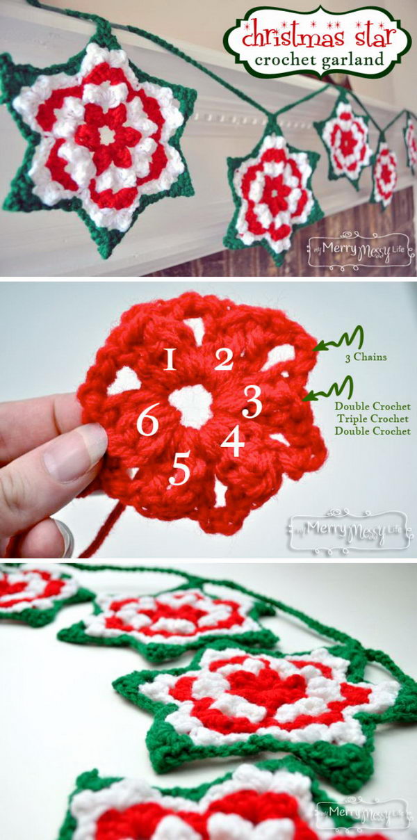 Crochet poinsettia grandma garland with free pattern. 