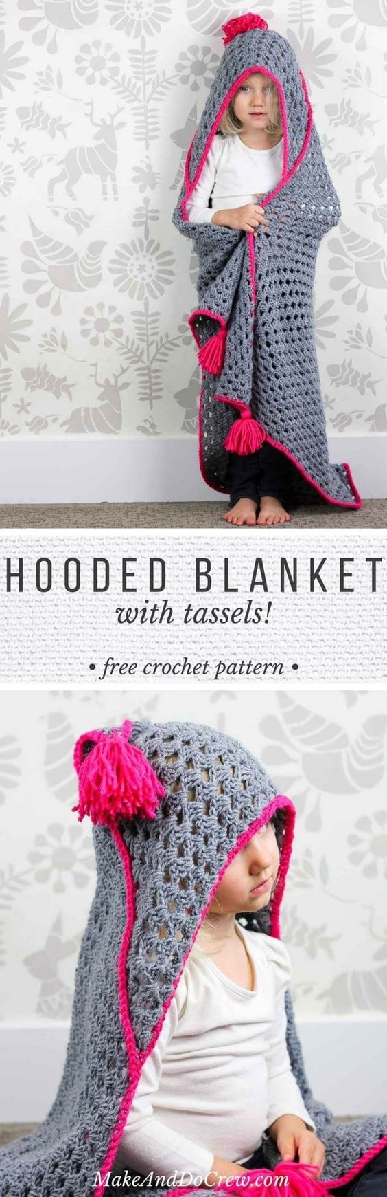 Modern crochet hooded baby blanket with free pattern. 