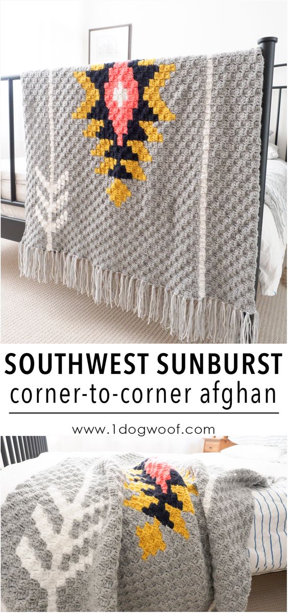 Southwest Sunburst C2C Crochet Afghan. 
