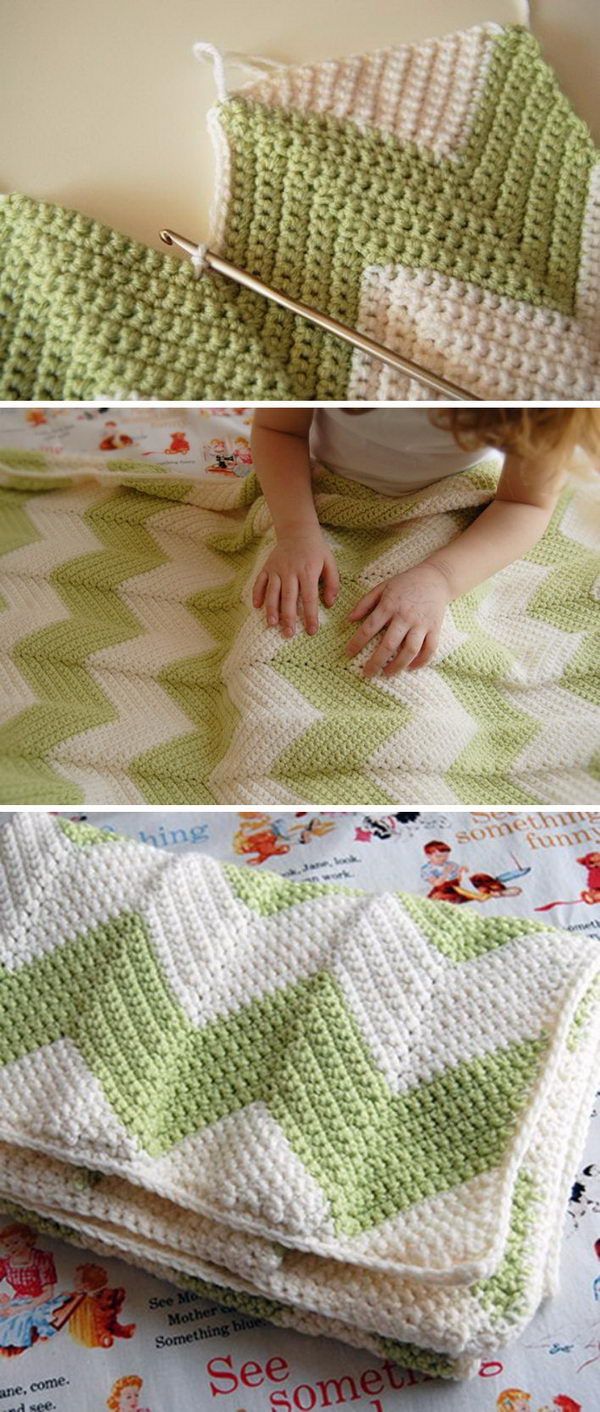 Chevron baby blanket with a straight edge Free Crochet Pattern. 