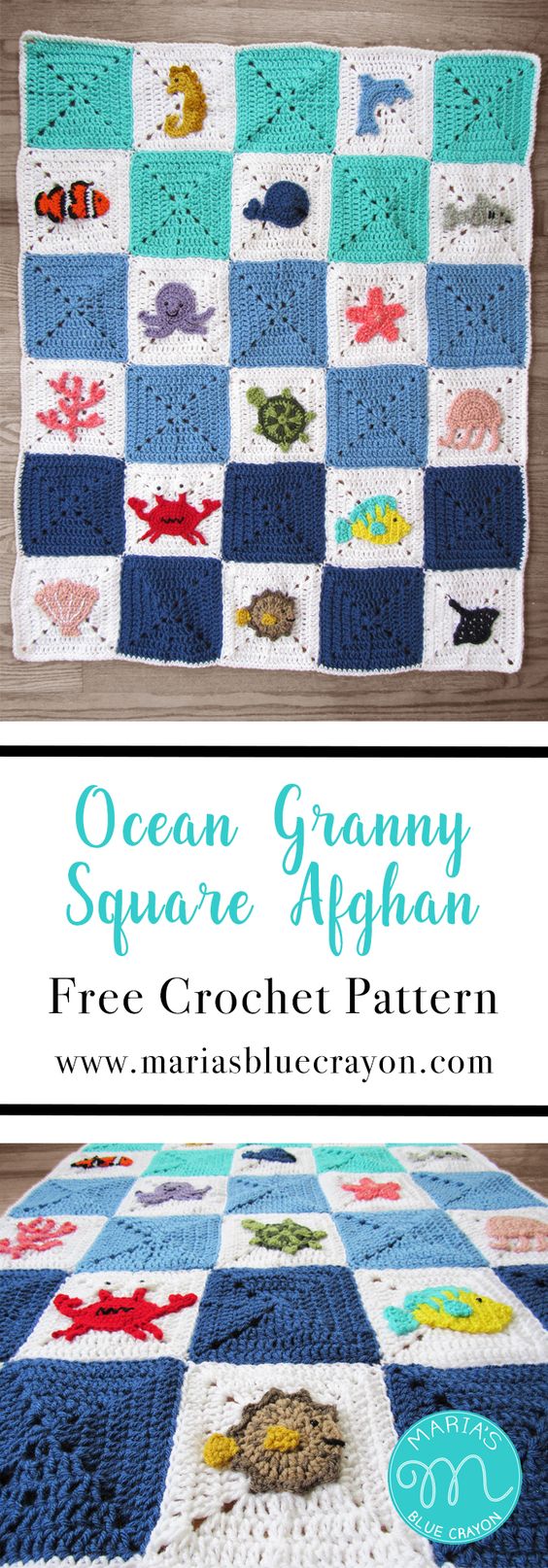 Ocean Granny Square Afghan free crochet pattern. 
