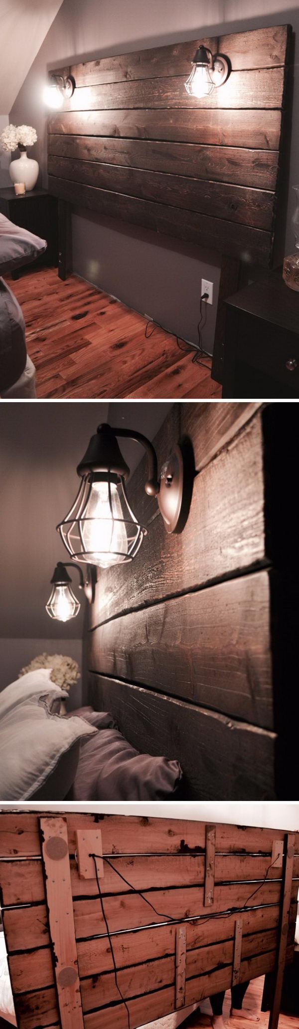 Rustic wooden headboard with lights. 