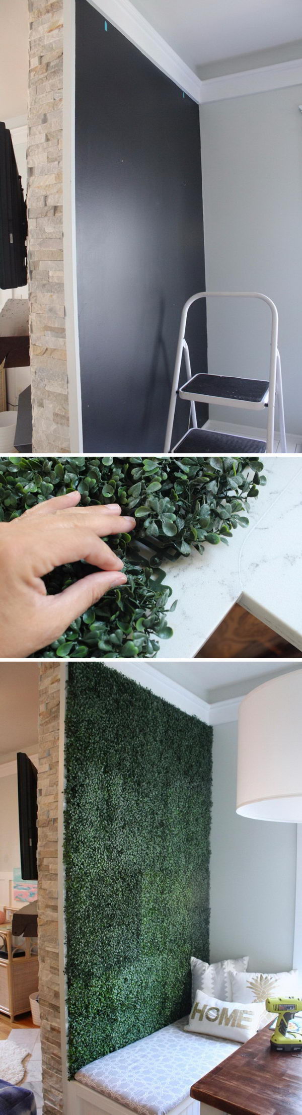Artificial boxwood accent wall. 