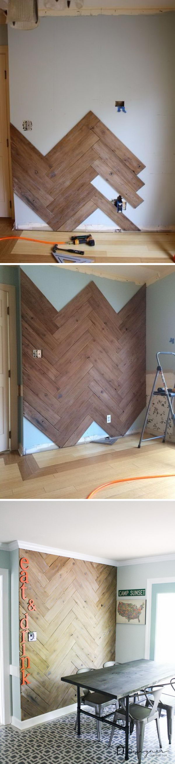 DIY Herringbone Plank Wall Upcyled from an ugly old fence. 