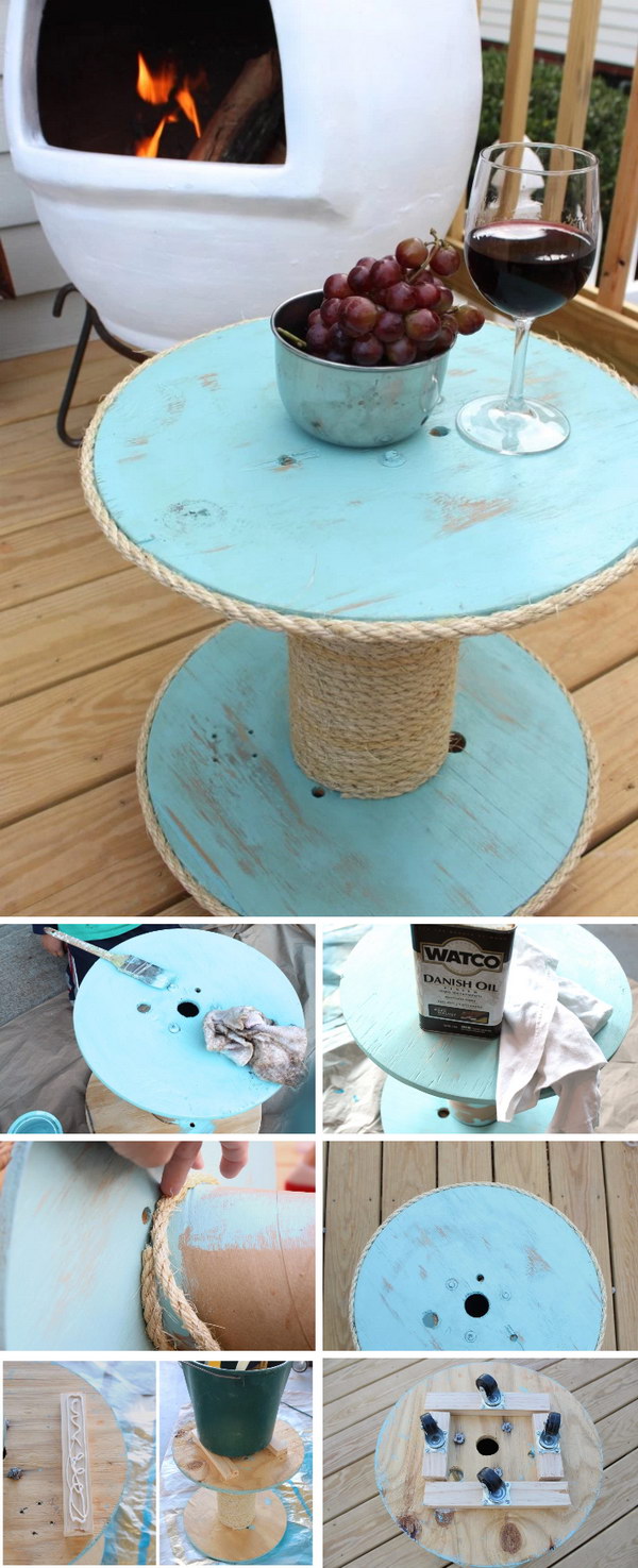 Under $ 12 DIY nautical spool side table. 
