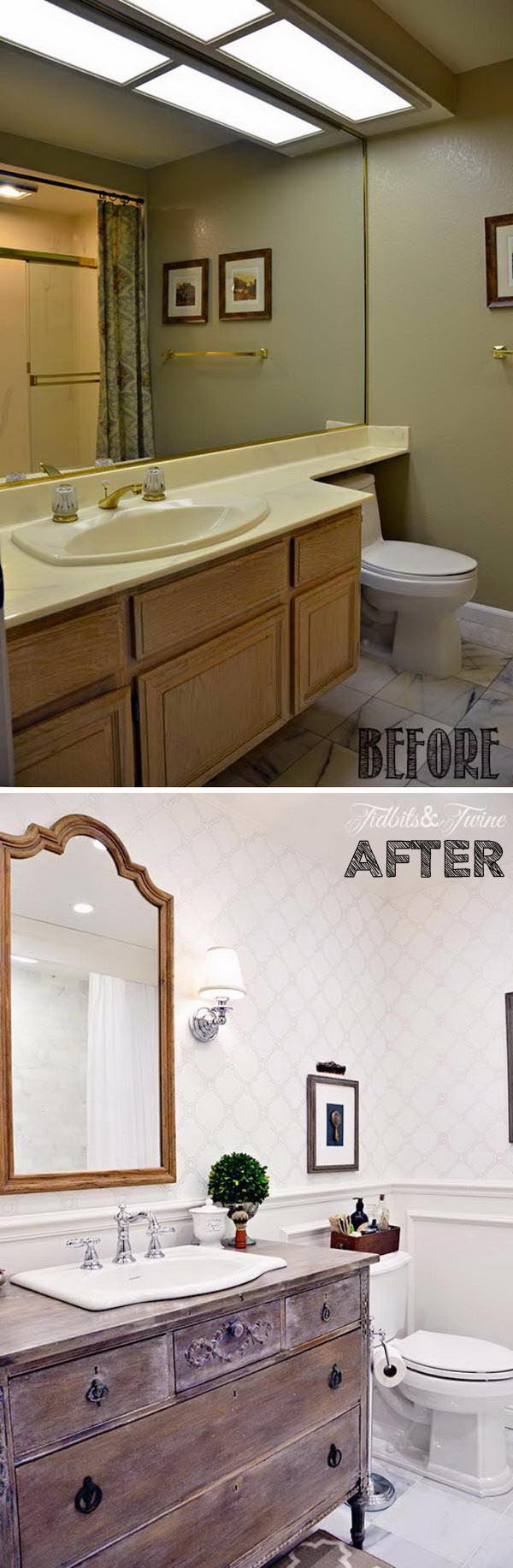 Renovation of the farmhouse bathroom with an antique wooden washstand that adds warmth and wallpaper and creates the look of a classic. 