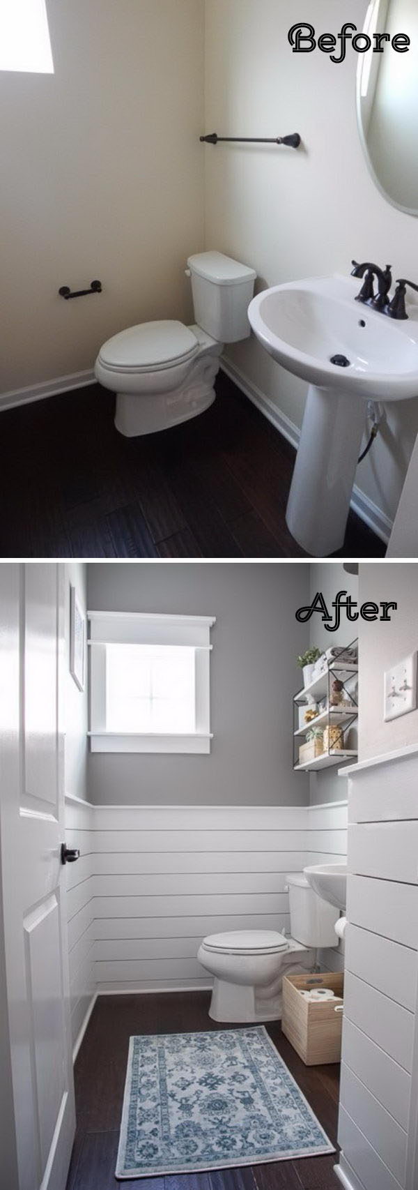 Update a simple bathroom by creating a sharp contrast between the white ship and the light gray walls. 