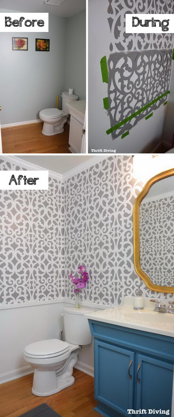 Refresh the bathroom with inexpensive updates such as a wall stencil, fresh paint, new lighting and an economical mirror. 