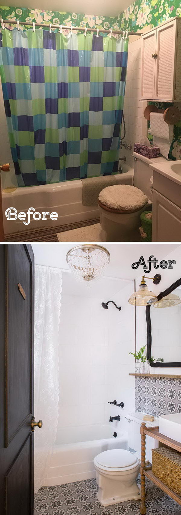 Spice up a white bathroom with vibrant tiles, vintage lights, and vanities. 