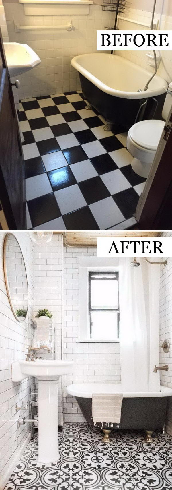 Keeping the walls white will prevent the black and white retro floor tiles from feeling busy. 