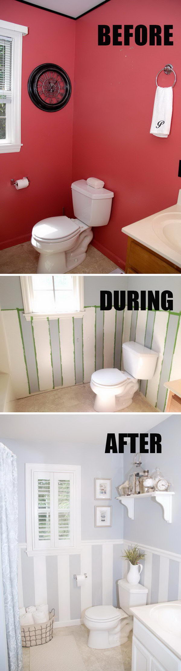 Painted bathroom makeover with DIY wall strips. 