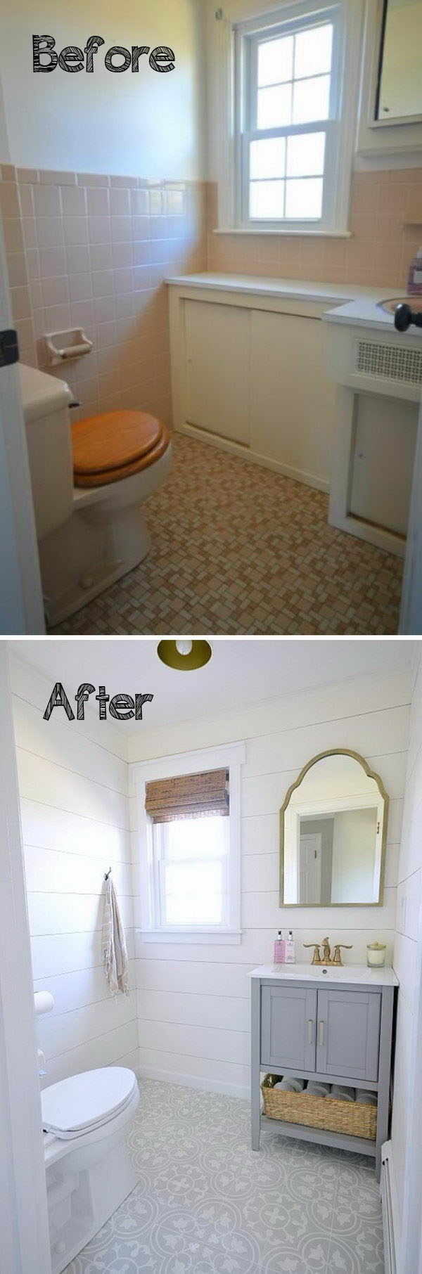Make the bold patterned floor and gray vanity stand out with white shiplap walls that look clean. 