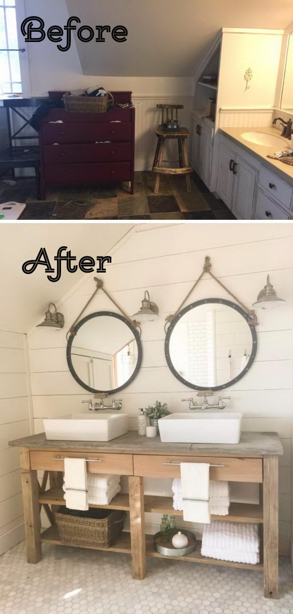 A feeling of nature bathroom makeover with white shiplap wall and wooden vanity. 