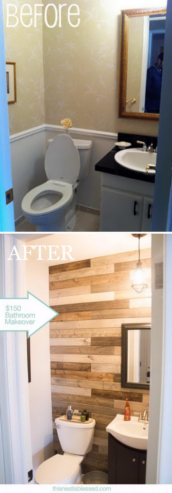 $ 150 bathroom makeover with DIY pallet wall without pallets. 