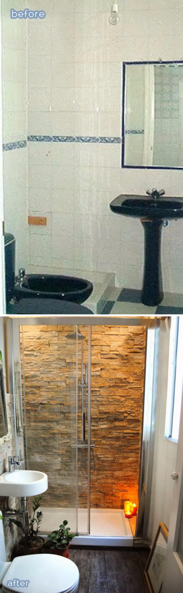 Stone accent wall in the bathroom adds warmth and class. 