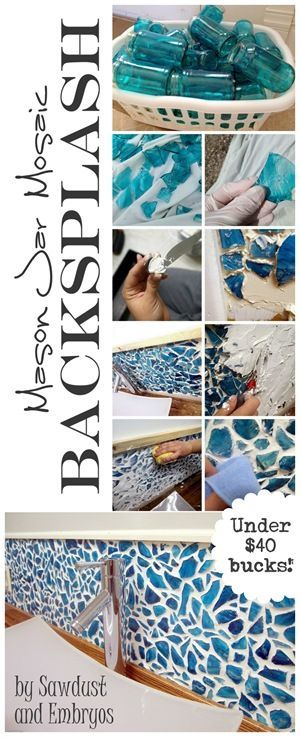 DIY mason jar mosaic backsplash from broken mason jar pieces. 