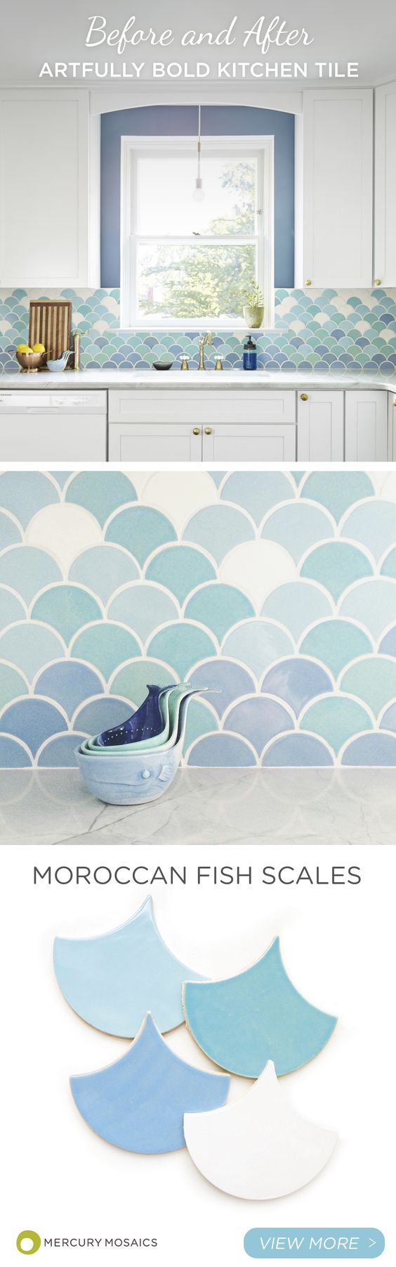 Moroccan fish scales in light blue against White Kithchen Bachsplash. 