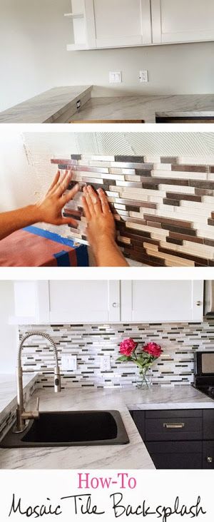 DIY glass mosaic tiles backsplash. 