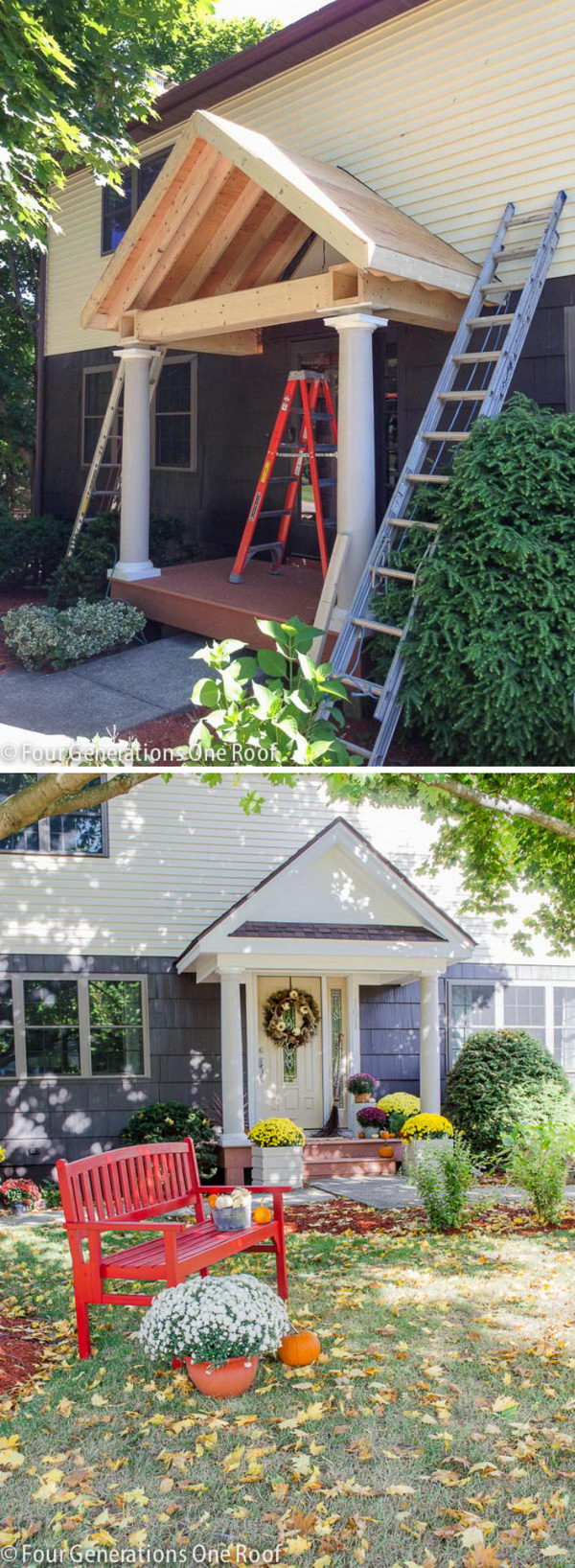 Spruce up the flat colonial style with a DIY portico. 