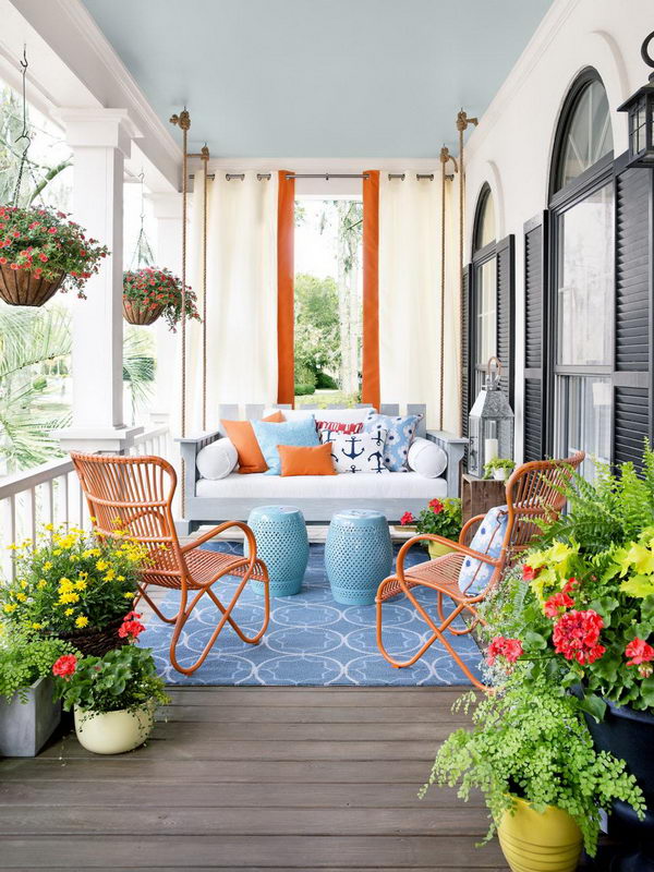 Add a touch of luxury and create privacy with hanging curtains outdoors. 