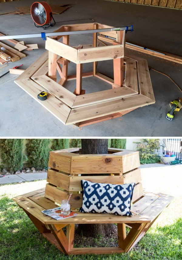 Build a hexagon cedar bench for the front yard tree. 