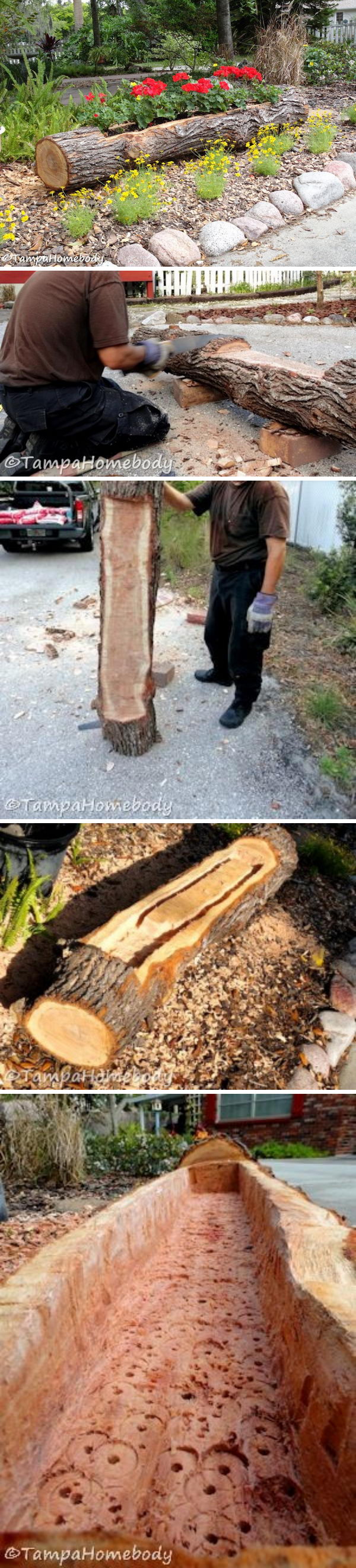 DIY beautiful landscaping with tree trunks. 