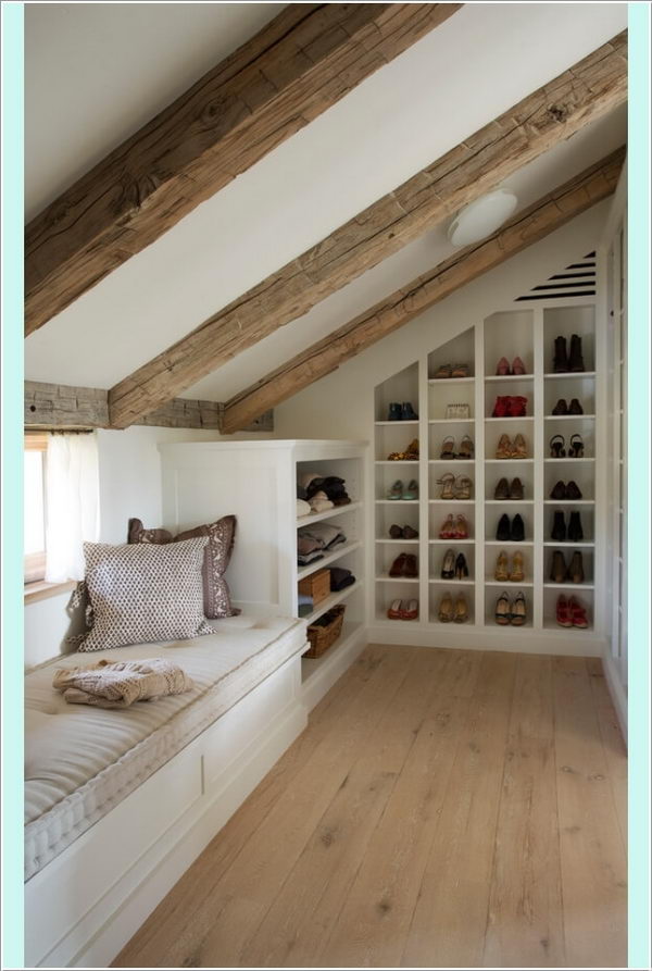 Build shoe cubes in sloping walls and window seats with bookshelves at one end. 
