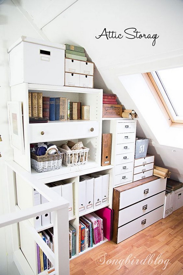Create more storage space in the attic with stacking cupboards, bookshelves and drawer units. 