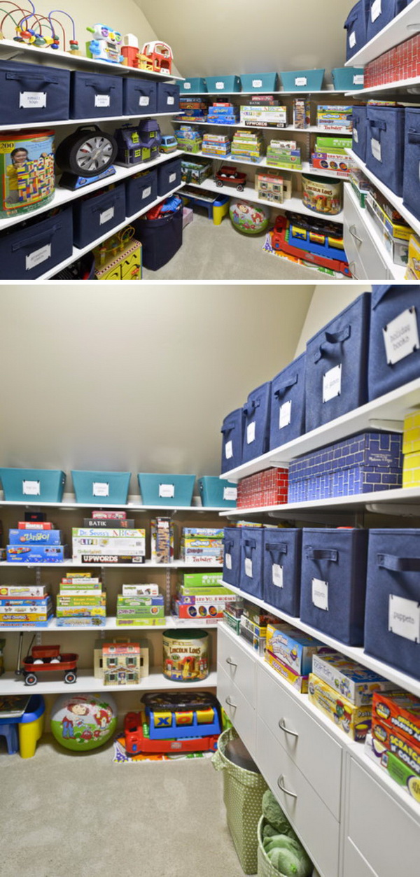 Arrange storage boxes with labels on open shelves to hold children's toys. 