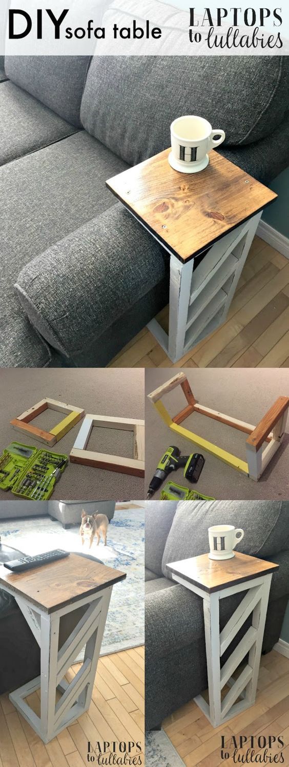 Simple DIY table that slides under the edge of the couch. 