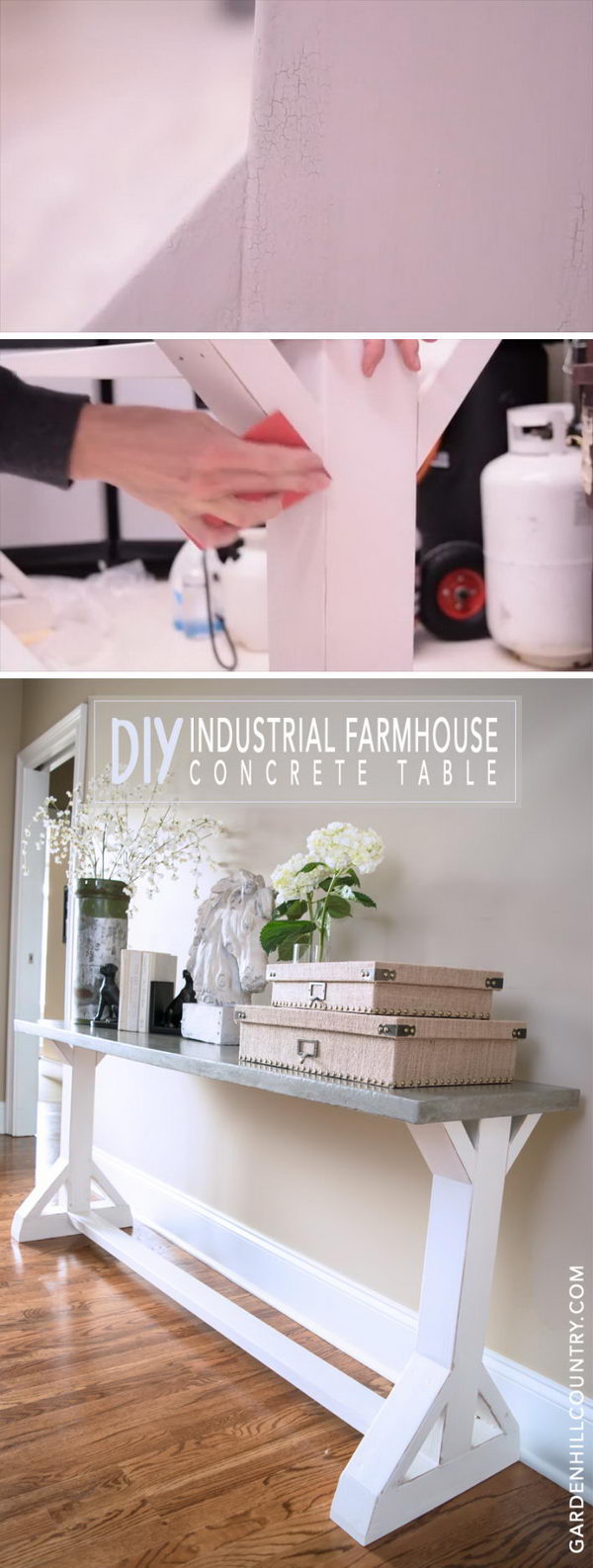 Milk-painted industrial farmhouse console table. 