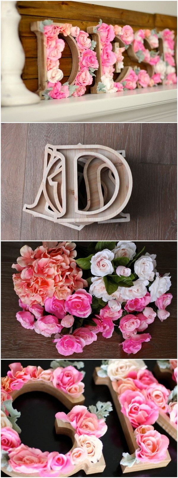 DIY rustic letters with flowers for wall decoration. 
