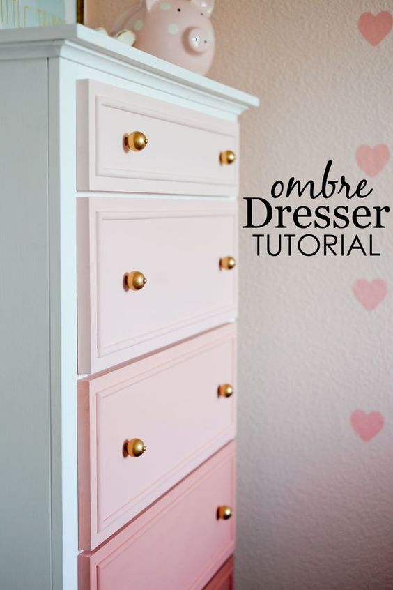 DIY pink ombre painted chest of drawers. 