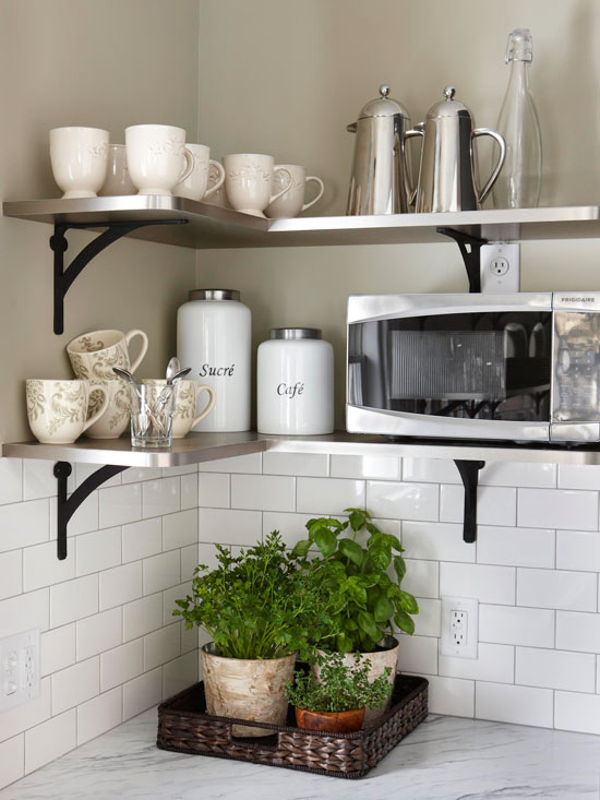 Functional corner shelves for additional space. 