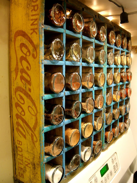DIY spice rack from old cola bottle boxes. 