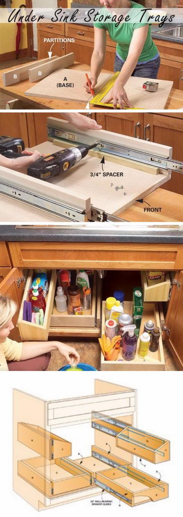 DIY pull-out kitchen sink storage compartments. 