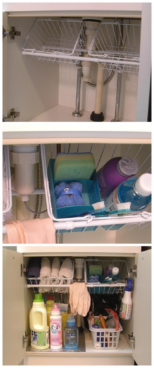 Use small tie rods to hold wire baskets under the sink. 