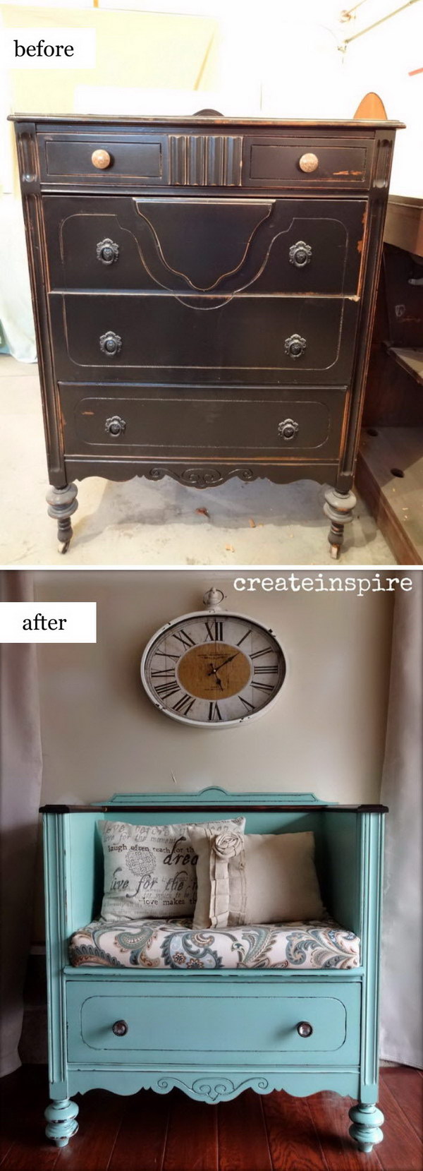 DIY bench from an old chest of drawers. 