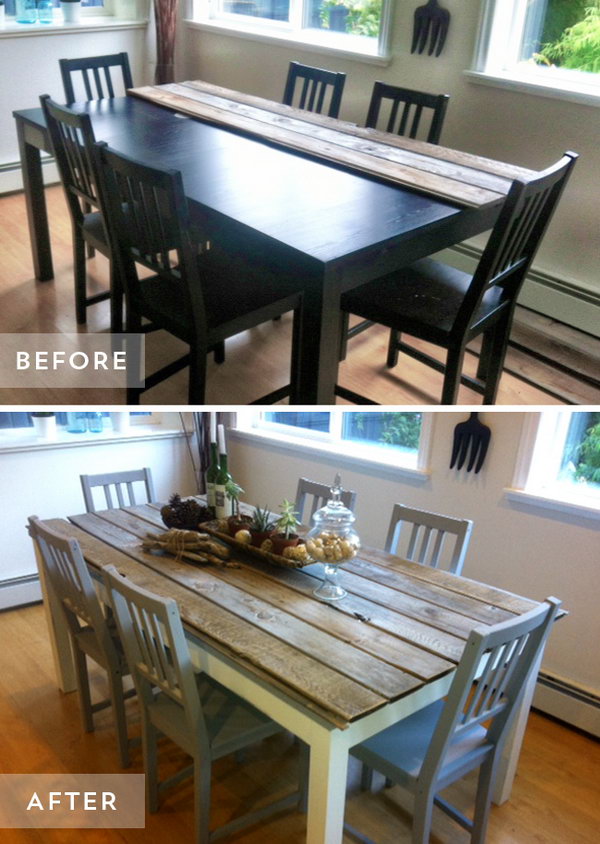 Rustic dining table and chairs makeover with paint and plank wood. 