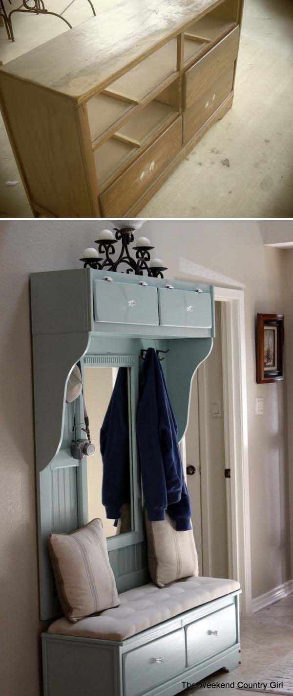 DIY beautiful mudroom bench from an old chest of drawers. 