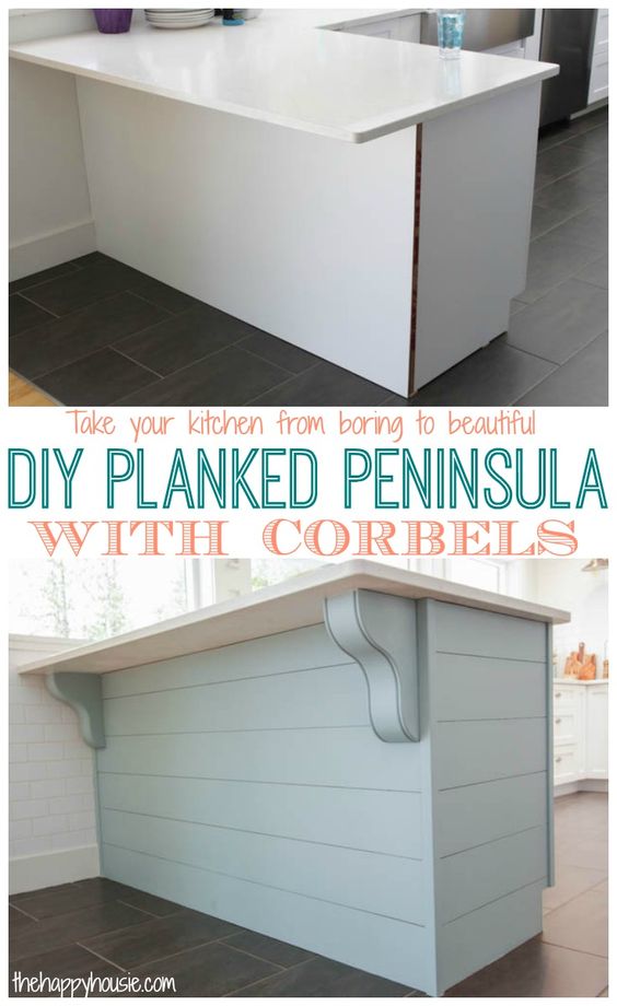 Turn your kitchen from Boring Builder Basic into Beautiful with a DIY Planked Peninsula With Corbels. 