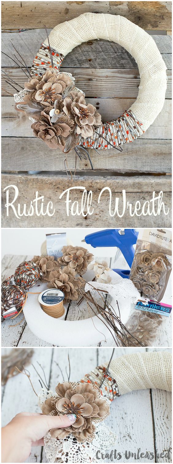 Rustic burlap and yarn fall wreath. 