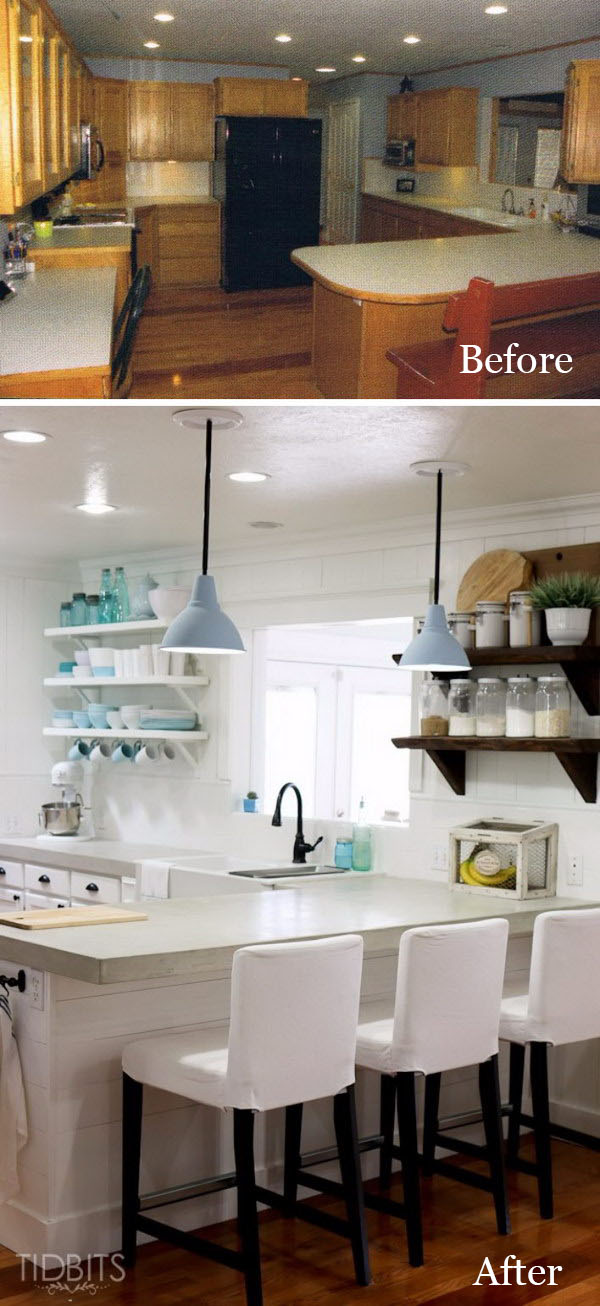 DIY kitchen open shelves and floorboards. 