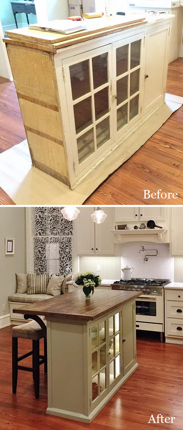 DIY a kitchen island by converting a piece of furniture. 