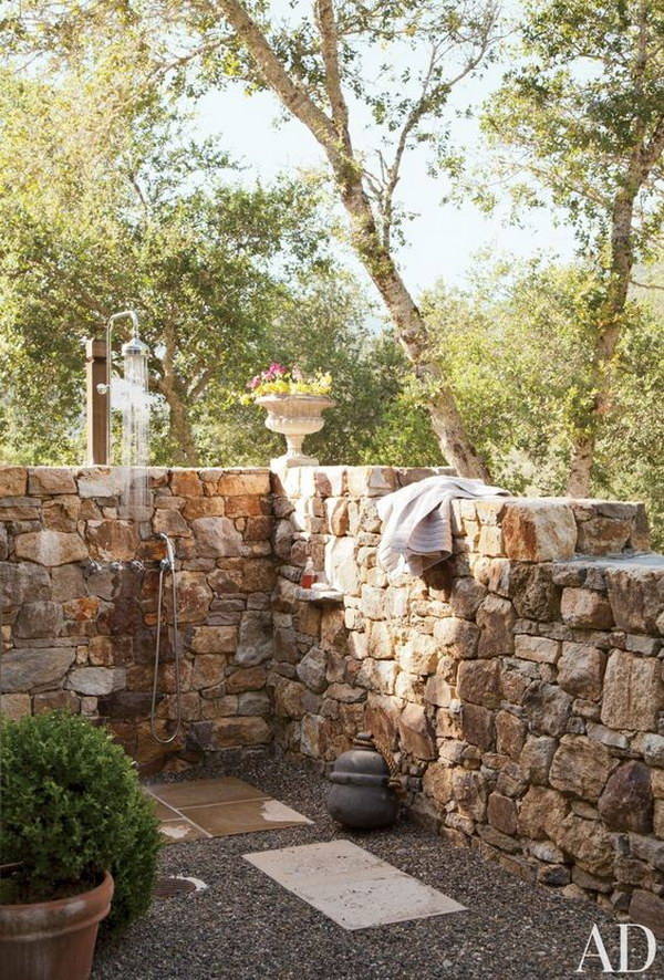 Stone wall outdoor shower. 