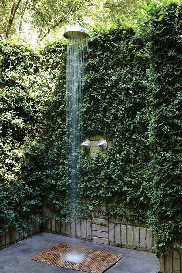 Outdoor shower with a green plant fence. 