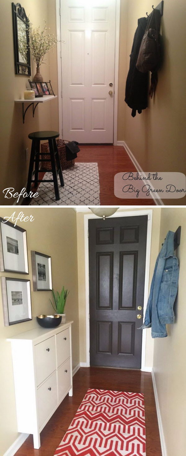Narrow entrance makeover with an IKEA shoe cabinet. 