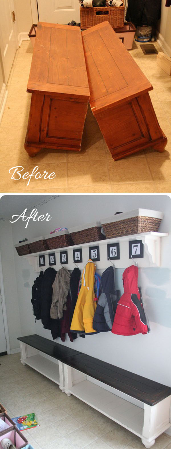 Mudroom entryway makeover with an old turned coffee table bench. 